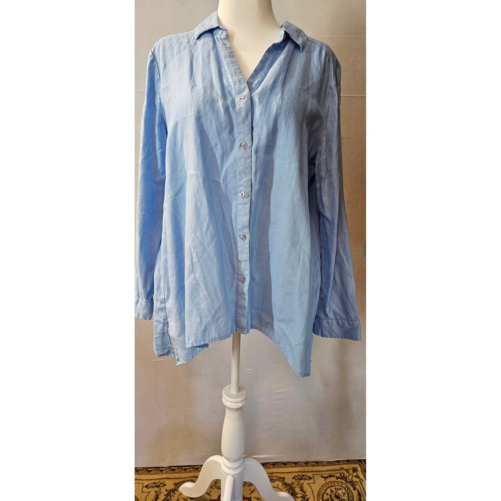 Women 100% Linen Button Down Shirt Long Sleeve Light Blue Relaxed Fit RN 143549
